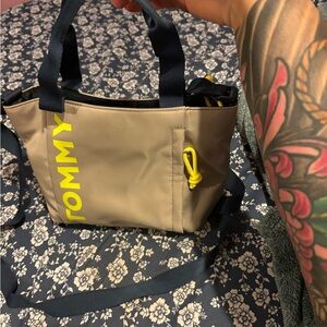 Tommy Hilfiger Beige Mini Tote with Yellow Logo & Navy Straps